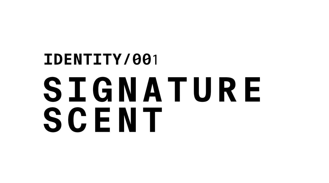 Text reading 'IDENTITY/001' stacked above the words 'SIGNATURE SCENT'