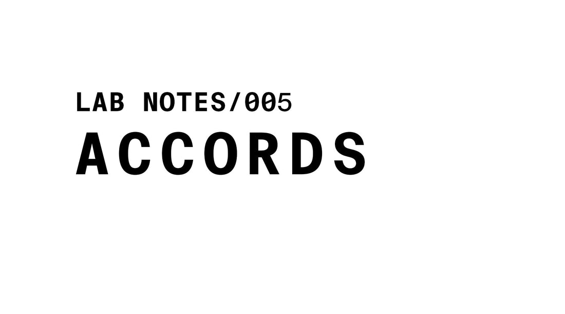 The image displays the text "LAB NOTES/005" followed by "ACCORDS" in large, bold, black letters, all centered on a white background.