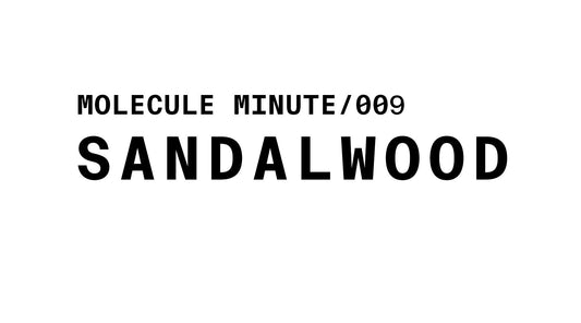 Molecule Minute 009 — Sandalwood. Bold typographic title card for a perfume ingredient education series exploring the scent, chemistry, and role of sandalwood in fine fragrance