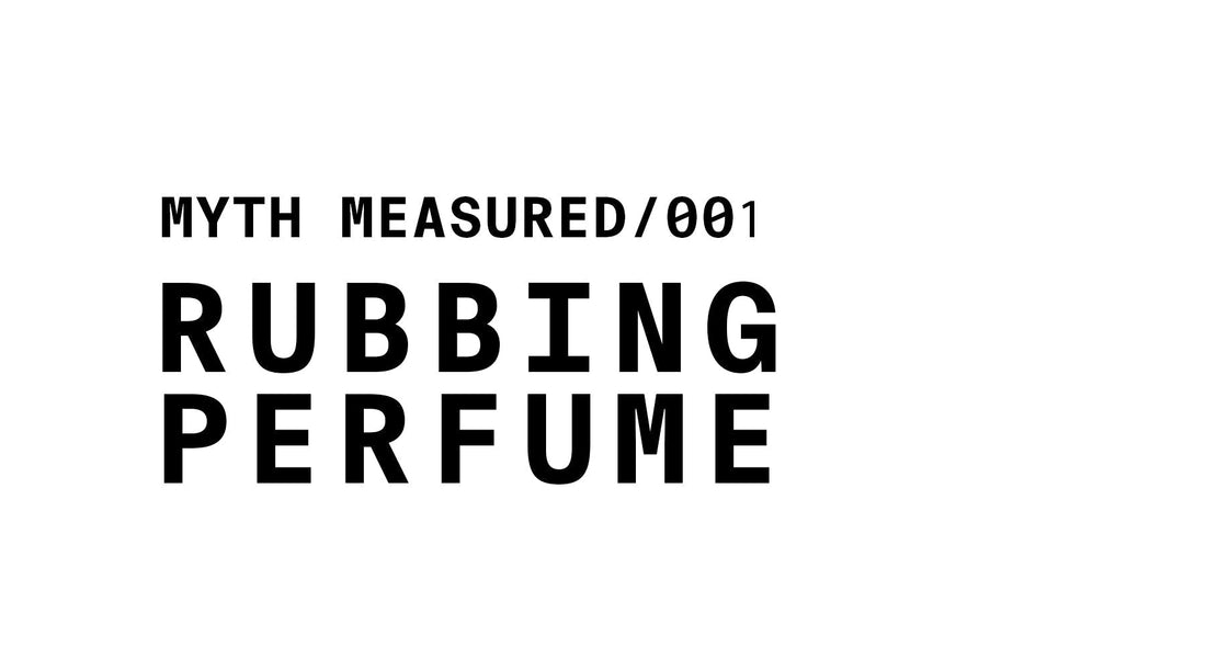 The image is a white banner with black text. At the top left, it reads "MYTH MEASURED/001". Below that, in a larger, bold font, it says "RUBBING PERFUME".