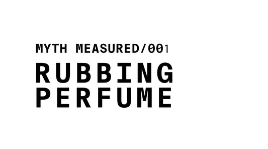 The image is a white banner with black text. At the top left, it reads "MYTH MEASURED/001". Below that, in a larger, bold font, it says "RUBBING PERFUME".