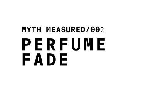 The image is a white banner with black text. At the top left, it reads "MYTH MEASURED/002". Below that, in a larger, bold font, it says "PERFUME FADE".