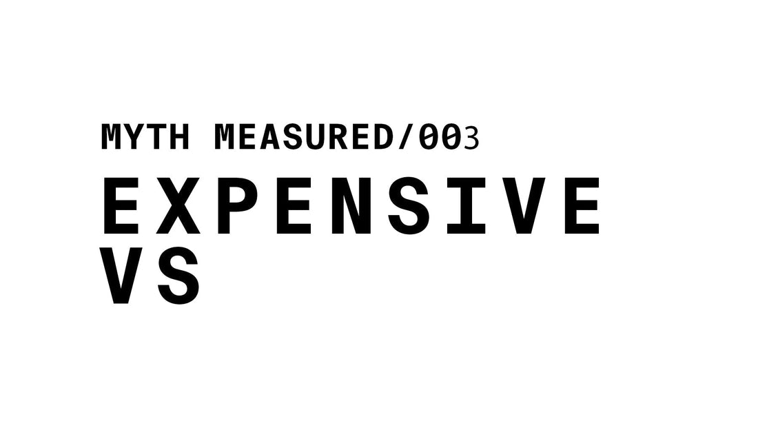 The image is a white banner with black text. At the top left, it reads "MYTH MEASURED/003". Below that, in a larger, bold font, it says "EXPENSIVE VS".