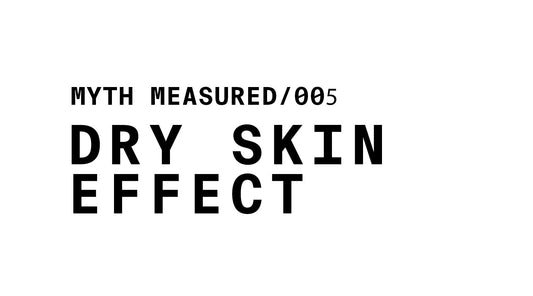 The image is a white banner with black text. At the top left, it reads "MYTH MEASURED/005". Below that, in a larger, bold font, it says "DRY SKIN EFFECT".