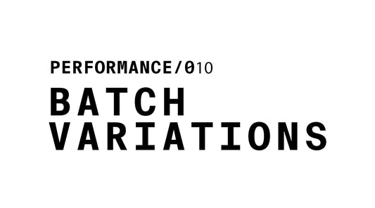 This is a graphic with a white background featuring black text. At the top, it reads "PERFORMANCE/010" in a smaller font, followed by the words "BATCH VARIATIONS" in a large, bold, sans-serif typeface.