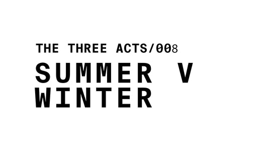 Black and white line illustration of a hand holding a perfume bottle. Above the hand, a diagonal line separates a sun symbol and a snowflake symbol. Text in the bottom corner reads THE THREE ACTS/008 SUMMER V WINTER